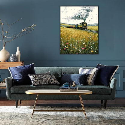 DFPSCLLA Paint by Numbers for Adults, Steam Train in Wildflower Field DIY Paint by Numbers Acrylic Paint Canvas, Painting Kits Art on Canvas for Home Wall Art 16x20 Inch（Without Frame）