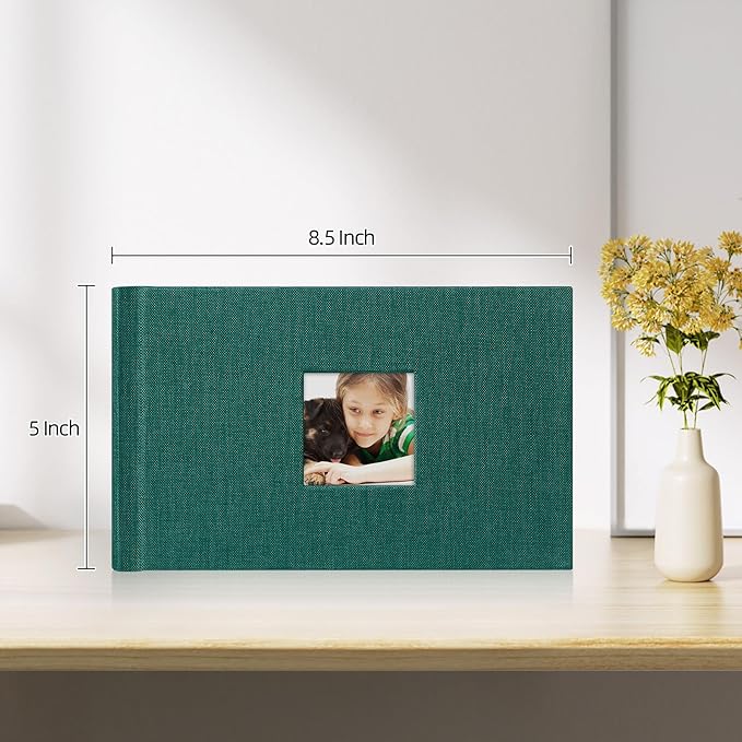 Mublalbum Small 4x6 Photo Album Linen Cover with Memo Areas Photobook Pictures Book Holds Horizontal Pockets for Wedding Family Baby and Vacation (Dark Green)