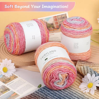 Aeelike Gradient Yarn for Crocheting, 3 Skeins Cake Yarns 100g (3.52 oz) 245m (267 Yards) # 3 Light Weight Super Soft Ombré Yarns for Making Blanket Scarves Sweaters, Pink Purple Gradient