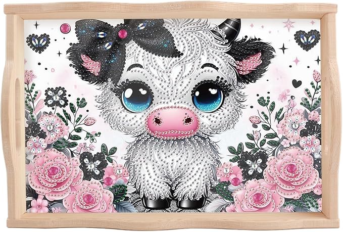 JISHSHAY Diamond Art Serving Tray Diamond Painting Food Tray Gem Art Serving Platter Gem Painting Mosaic Kits for Adults DIY Kits for Adults, with Wood Handle 20×30cm/7.87×11.81in, Cow Cattle