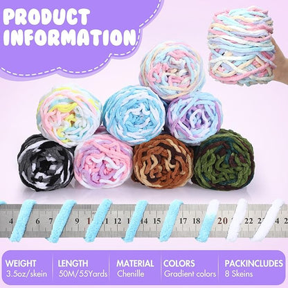 Buryeah 8 Pack Chunky Chenille Yarn for Crocheting Soft Thick Fluffy Yarn for Hand Knitting Bulky Velvet Blanket Plush for Weaving DIY Crafts Each 3.5 oz 55 Yards (Gradient Colors)