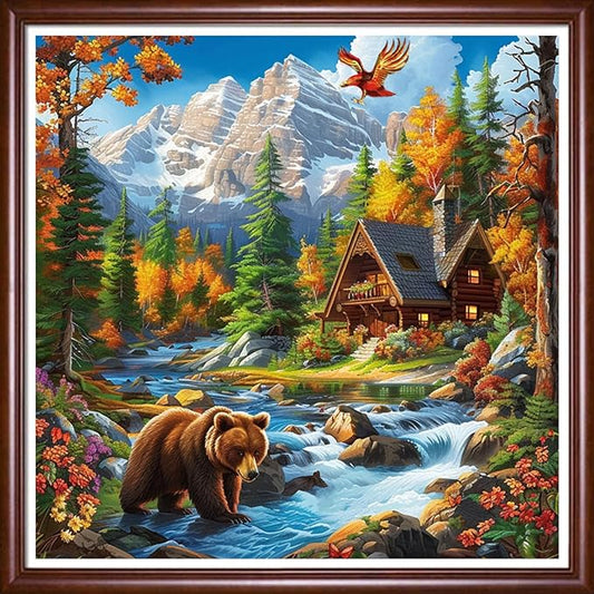 Redxing Stamped Cross Stitch Kits Full Range of Embroidery Starter Kits- Needlepoint Counted Cross Stitch Kits for Beginner Adults 11CT Printed Embroidery Kit-Deep Autumn Brown Bear 18x18 inchs