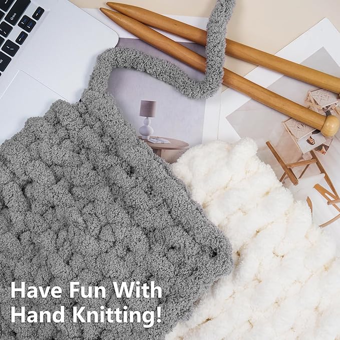 Chunky Yarn for Hand Knitting - #10 Chunky Chenille Yarn, Jumbo Big Thick Chunky Yarns for Crocheting, Super Bulky Chunky Knit Blanket Yarns, 8 Skein (25yd, 8oz/Skein), Cream & Grey