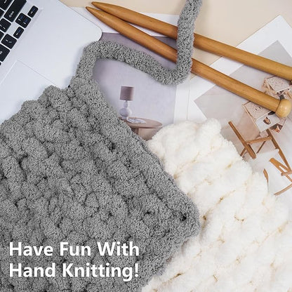 Chunky Yarn for Hand Knitting - #10 Chunky Chenille Yarn, Jumbo Big Thick Chunky Yarns for Crocheting, Super Bulky Chunky Knit Blanket Yarns, 8 Skein (25yd, 8oz/Skein), Cream & Grey