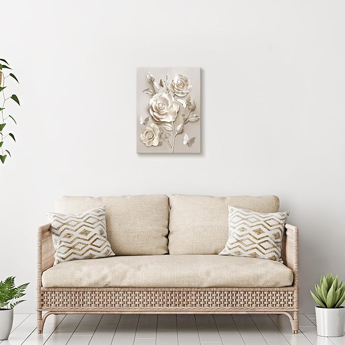 WENGTIAO Beige Flora Canvas Wall Art Neutral Roses Butterflies Wall Print Poster Modern Botanical Minimalist Blossom Painting Picture Elegant Flower Artwork for Living Room Bedroom Bathroom 12x16 inch
