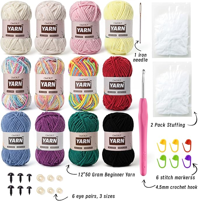 12 Pack Chenille Velvet Yarn - Baby Yarn for Crocheting Soft - Amigurumi Yarns Set with 600g(787yd) Crochet Yarns Crochet Hook、Stitch Markers、Fluffy Stuffing、Accessories D