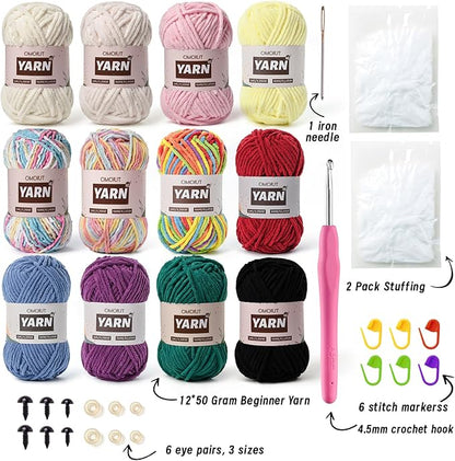 12 Pack Chenille Velvet Yarn - Baby Yarn for Crocheting Soft - Amigurumi Yarns Set with 600g(787yd) Crochet Yarns Crochet Hook、Stitch Markers、Fluffy Stuffing、Accessories D