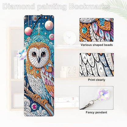 4-Piece DIY 5D Diamond Painting Bookmark Kits, Owl Special Shaped Crystal Rhinestones Book Marks, Handmade Diamond Art Bookmarks with Crystal Pendant Tassels, Decorative Craft Gift Set for Adults