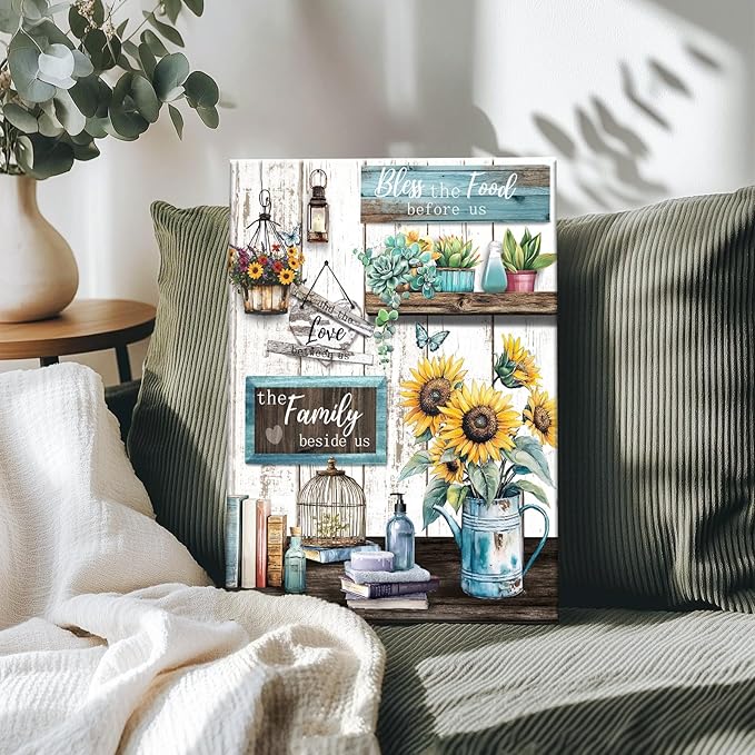 WENGTIAO Kitchen Canvas Wall Art Rustic Sunflower Pictures Vintage Bless The Food Before Us Sign Prints Paintings Christian Religious Bible Quotes Artwork for Farmhouse Dining Room Living Room 16x24in