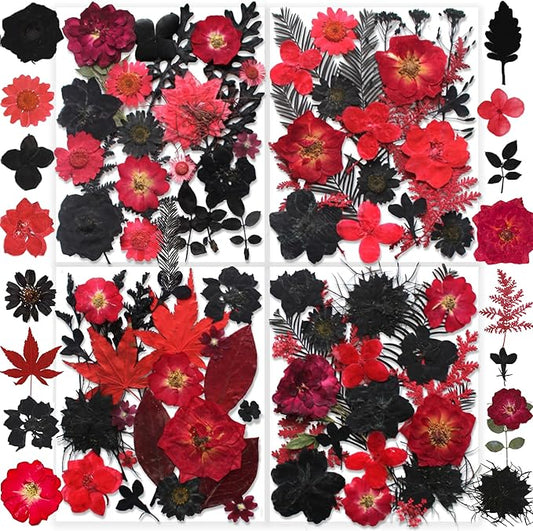 141PCS Black Red Dried Pressed Flowers for Resin - Youthbro Real Nature Flowers Butterfly Stikers Set for Christmas DIY Candle Soap Vase Making Nail Card Scrapbook Art Craft Floral Decors