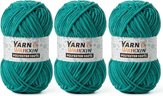 3 Pack Soft Chenille Yarn for Crocheting, Fluffy Chunky Crochet Yarn for Baby Blanket, (5.29oz/196.8yds) Fuzzy Velvet Yarn for Amigurumi&DIY Puzzle、Crafts、Scarf(3 Deep Sea Green)