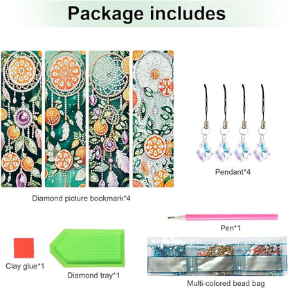 4 Pcs Diamond Painting Bookmarks, DIY Orange and Dreamcatcher Diamond Art Bookmark Kits for Adults, Rhinestone Drill Fruit Bookmarks with Tassels for Beginners
