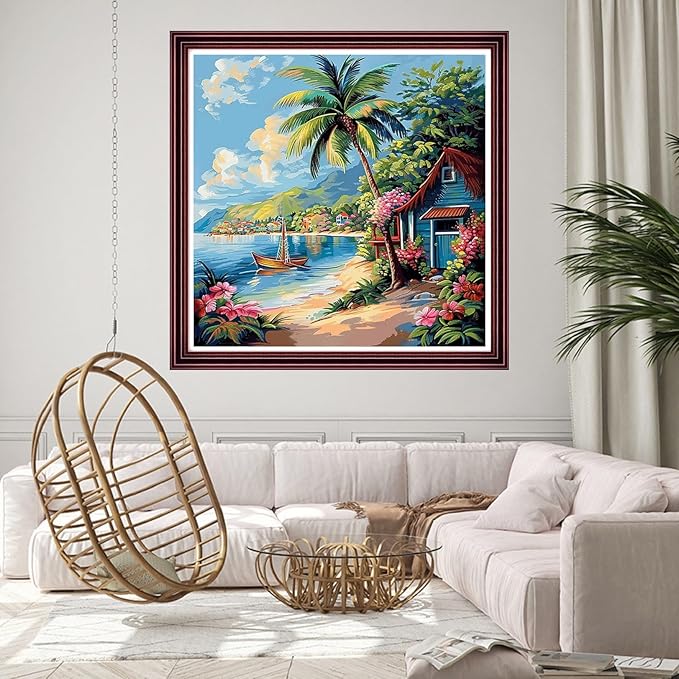 DMCCRAFT Stamped Cross Stitch Kits for Adults 11CT Printed Cross-Stitch Patterns Embroidery Kits Easy Cross Stitching Needlepoint Kits Crossstitch-Seaside Beach Scenery 18x18 inch