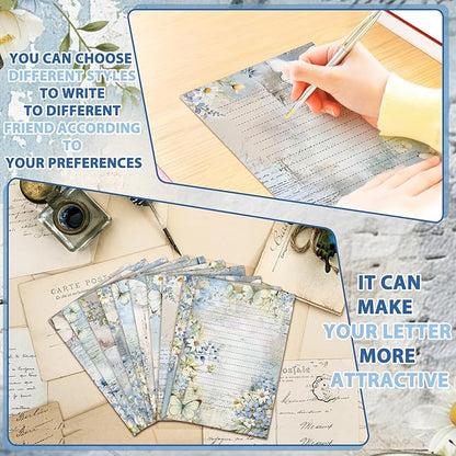 TaoBary 160 Pcs Stationery Paper Set 50 Double Sided Stationery Papers with 50 Matching Envelopes and 60 Round Dot Sticker, 10 Design (Serenity Junk,8.25 x 5.5 Inch)