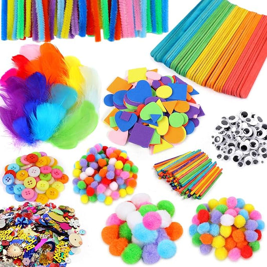 Phinus Craft Supplies Set - 9 Types of Arts & Crafts Materials, Unisex, 1000+ Pcs Kit, Suitable for Classroom, Family, Party, DIY, Art Creation & Decoration