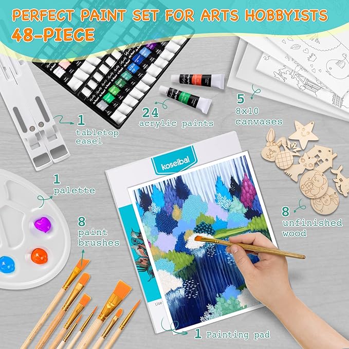 koseibal Acrylic Art Set with 24 Acrylic Paints, 8 DIY Wooden Stencils 5 Canvas Panels 8 Brushes, Table Easel, Etc, Painting Supplies Kit for Kids Students Artists and Beginner