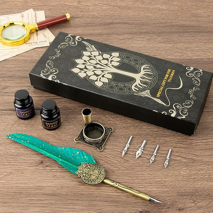 TIANREN Feather Pen and Ink Set,quill pen ink set,Antique Calligraphy Pen with 4 Replaceable Nibs,2 Bottle of ink,Pen Holder Christmas Gift for Men&Women.(Green)