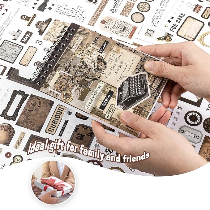 RISYPISY Pre-Cut Vintage Sticker for Journaling, 595PCS - 50 Sheets Washi Brown Scrapbooking Stickers, Ephemera for Junk Journal Supplies DIY Crafts Dark Academia Stickers for Adults