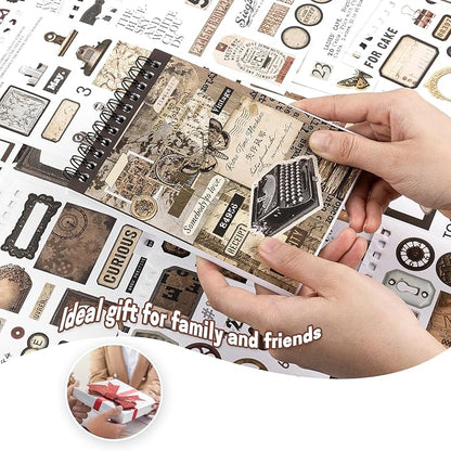 RISYPISY Pre-Cut Vintage Sticker for Journaling, 595PCS - 50 Sheets Washi Brown Scrapbooking Stickers, Ephemera for Junk Journal Supplies DIY Crafts Dark Academia Stickers for Adults
