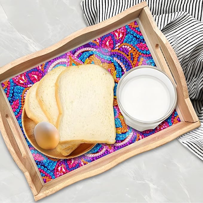 Generic DIY Art Painting Wooden Tray Kit, Food Tray with Handle Diamond Painted Table Decoration Tray, for Breakfast, Bar Dinner Table Diamond Dots Gem Painting Art Set for Beginners (#02-Mandala)