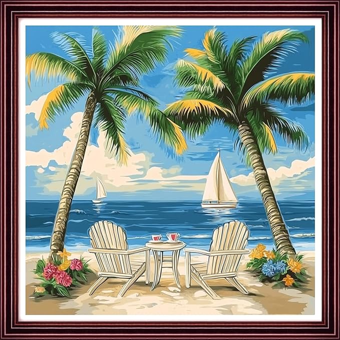 DMCCRAFT Stamped Cross Stitch Kits for Adults 11CT Printed Cross-Stitch Patterns Embroidery Kits Easy Cross Stitching Needlepoint Kits Crossstitch-Coconut Tree Resting 18x18 inch