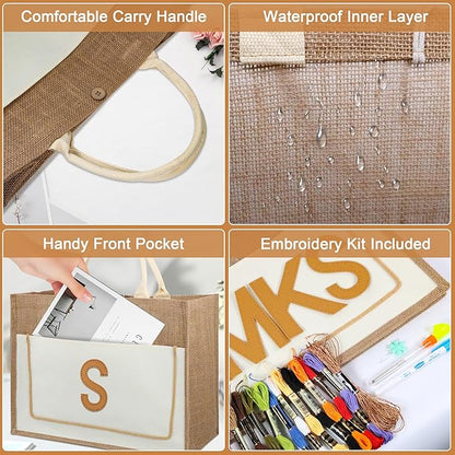 DIY Personalized Canvas Tote Bag with Embroidery Kit, Sturdy Jute Craft Bag with Front Pocket & Water-Resistant Lining, Customizable Gift Tote for Women, Everyday Use, Beach, Work, Groceries (J)