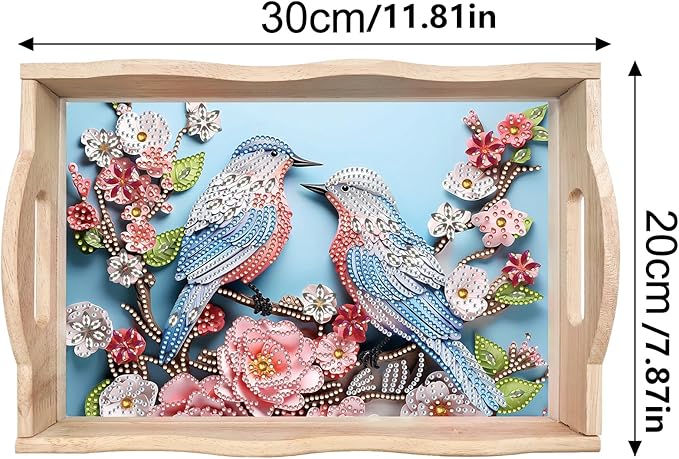 DIY Diamond Art Wooden Tray Kit, Food Tray with Handle Diamond Painted Table Decoration Tray, for Breakfast, Bar Dinner Table Diamond Dots Gem Painting Art Set for Beginners-#40-Bird Flower
