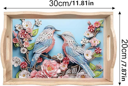 DIY Diamond Art Wooden Tray Kit, Food Tray with Handle Diamond Painted Table Decoration Tray, for Breakfast, Bar Dinner Table Diamond Dots Gem Painting Art Set for Beginners-#40-Bird Flower