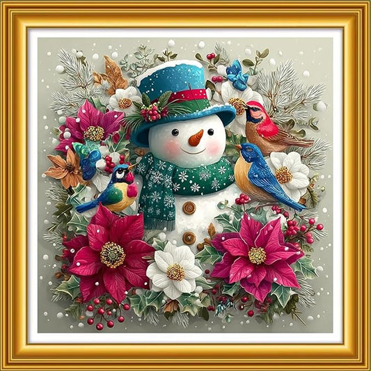 Foxhool Stamped Cross Stitch Kits,11CT Printed Cross Stitch Pattern Full Embroidery Kits for Beginner Needlepoint Kits&Snowman Flower Bird 18x18 inch