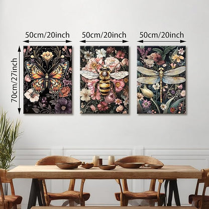 WENGTIAO 3Pcs Vintage Insect Canvas Wall Art Gothic Dark Flower Prints Bee Butterfly Dragonfly Pictures Nature Plant Paintings Artwork for Living Room Bathroom Bedroom 20x28x3