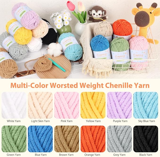 Coopay Chenille Yarn for Crocheting/Knitting, 8 Pack Medium Worsted Weight Yarn of 50g/1.76oz - Total 520yd, Soft Velvet Crochet Yarns for Plush Toys, Baby Blankets, Scarves (Black)