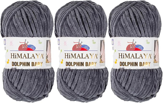 3 Skein/Pack Himalaya Dolphin Baby Chenille Yarn, Each Ball 100 gr (3.5 oz), 120 m (132 Yards), 100% Polyester, Super Bulky Baby Blanket Velvet Amigurumi Yarn, 80367 - Anthracite