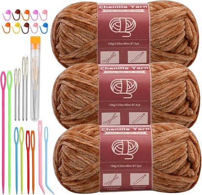 LUNARM Chenille Yarn for Crocheting Knitting, 3 Skein 263 Yard Thick Soft Chunky Fluffy Weaving Plush Yarn for Blankets Clothes Pattern Creations with Big Eye Needles(Light Khaki)