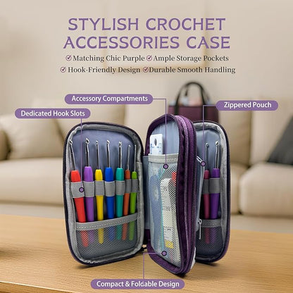 JC CRAFT Deluxe Beginner Crochet Kit – 116-Piece Set with 20 Yarns, Ergonomic Hooks, Accessories, Book for Beginners & Online Tutorial – DIY Starter Kit for Adults & Teens with Purple Bag & Case