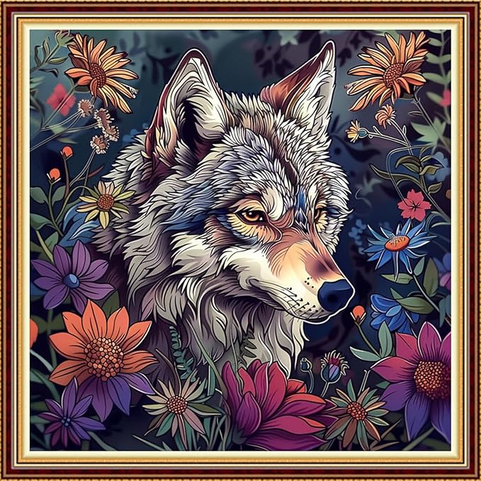 DMCVIVR Stamped Cross Stitch Kits for Adults Beginners Embroidery Kits 11CT Needlepoint Kits Cross Stitch Patterns Embroidery Patterns-Wolf King Flower 18x18 inch