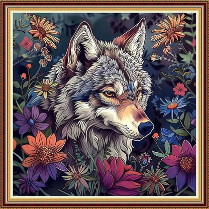 DMCVIVR Stamped Cross Stitch Kits for Adults Beginners Embroidery Kits 11CT Needlepoint Kits Cross Stitch Patterns Embroidery Patterns-Wolf King Flower 18x18 inch