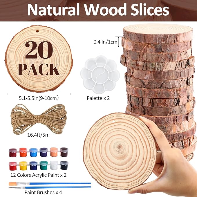 Kathfly 20 Pcs Unfinished Wood Slices with Hole for Centerpieces 5.1-5.5 Inch Natural Wood Craft Kits Round Wooden Discs with Paints Brush Palette for DIY Craft Christmas Ornament Wedding Home Decor