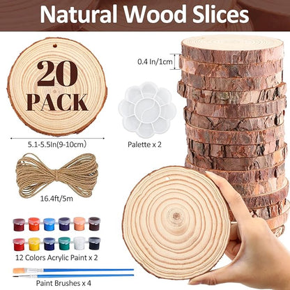 Kathfly 20 Pcs Unfinished Wood Slices with Hole for Centerpieces 5.1-5.5 Inch Natural Wood Craft Kits Round Wooden Discs with Paints Brush Palette for DIY Craft Christmas Ornament Wedding Home Decor