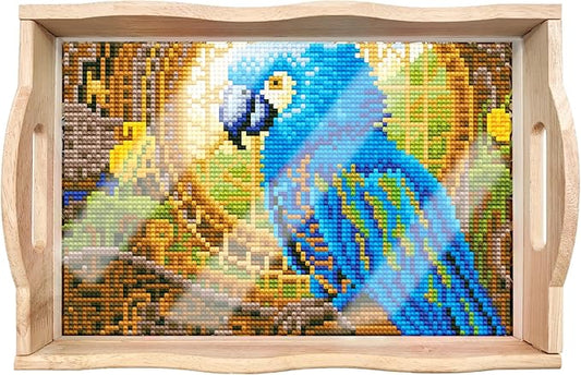 FGbaby DIY 5D Blue Parrot Diamond Painting Wood Serving Tray with Handles Diamond Art Decorative Serving Trays Wooden Tray for Breakfast in Bed, Patio, BBQ, Coffee Table, Party –Great for Lap & Couch