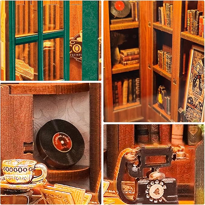 Foyucool DIY Book Nook Kit, Miniature Bookshelf Decor with LED Lights, Laser-Cut Wooden Craft Set for Adults, Creative Gift for Christmas, Birthday, Leisure Time