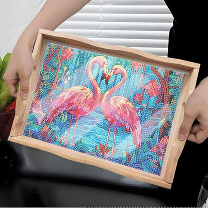 DIY Diamond Art Wooden Tray Kit With Handle, Food Tray for Breakfast, Bar Dinner Table Decoration, Diamond Dots Gem Painting Art Set for Beginners-#27-Flamingo
