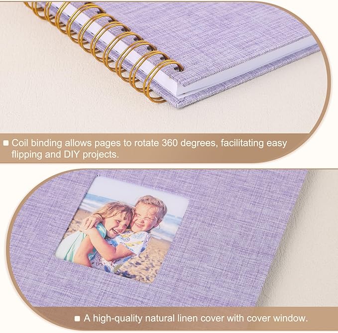Scrapbook Photo Album 8x8 Inches 40 Pages Hardcover Kraft Paper Linen Cover Scrap Book Memory Book DIY Scrapbook Albums for Wedding Baby Boyfriend Travel Anniversary Family, Purple