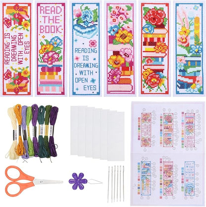 ORIGACH 6 Pcs Cross Stitch Bookmark Kit for Beginner Book Flower Stamped Embroidery Stitch Kits for Starter DIY Bookmarks Printed Cross Stitch Kits for Book Lovers