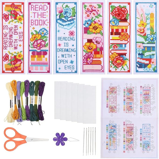 ORIGACH 6 Pcs Cross Stitch Bookmark Kit for Beginner Book Flower Stamped Embroidery Stitch Kits for Starter DIY Bookmarks Printed Cross Stitch Kits for Book Lovers