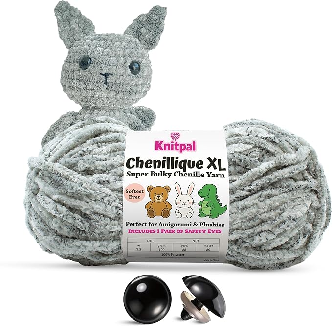 Chenillique XL Super Bulky Chenille Yarn – 100g Skein (88 Yards) + Safety Eyes + Free Plushie Pattern – Plush Polyester Yarn for Amigurumi, Crochet & Knitting - Clouded Ink
