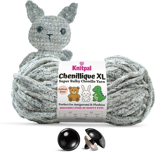 Chenillique XL Super Bulky Chenille Yarn – 100g Skein (88 Yards) + Safety Eyes + Free Plushie Pattern – Plush Polyester Yarn for Amigurumi, Crochet & Knitting - Clouded Ink