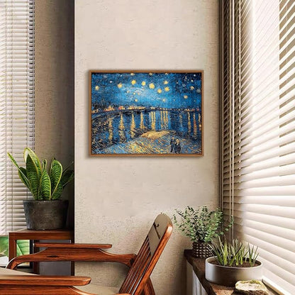 WENGTIAO Framed Canvas Wall Art of Starry Night Over The Rhone by Van Gogh Oil Paintings Famous Artist Reproduction Artwork Pictures Giclee Canvas Prints for Living Room Bedroom Study 12”x16”