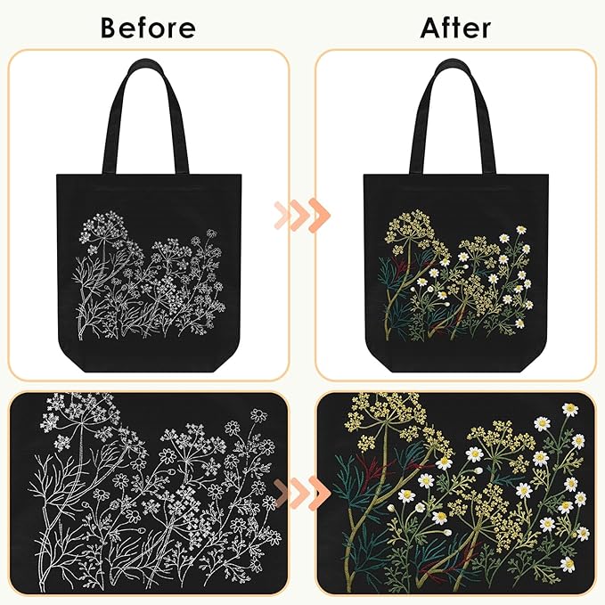 ERKOON Canvas Tote Bag Embroidery Kit for Beginners, Floral Arts Crafts Cross Stitch Kits for Adults Including Stamped Embroidery Bag with Hoops, Needle, Instruction and Color Threads(Chamomile)