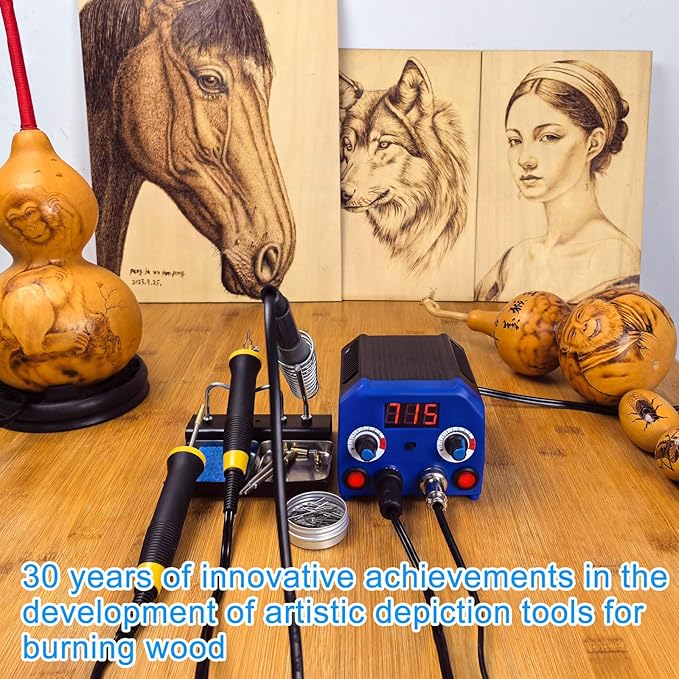 FIRElood LH55-3-3 Wood Burner kit Wood Burning Tool Pen 200~750℃, Wood Burning kit with Digital Thermometer Temperature Adjustable Temperature 3 pyrographic Wood Burning pens 37 Wood Burning Pen Tips