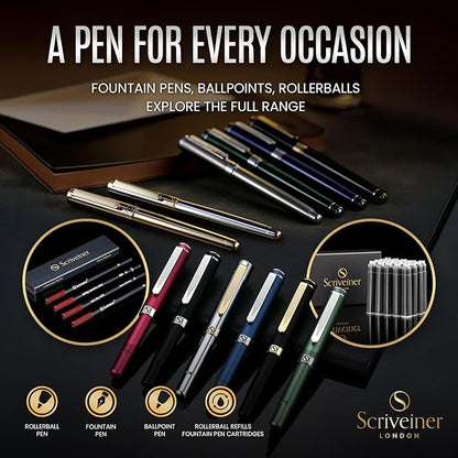 Scriveiner Deep Crimson Red Fountain Pen - Stunning Luxury Pen with Chrome Finish, Schmidt Nib (Fine), Best Pen Gift Set for Men & Women, Professional, Executive, Office, Nice Pens